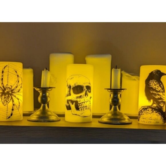 3pc Halloween Flickering Candles with Skull, Spider Web, Crow Raven Decals - Picture 1 of 2